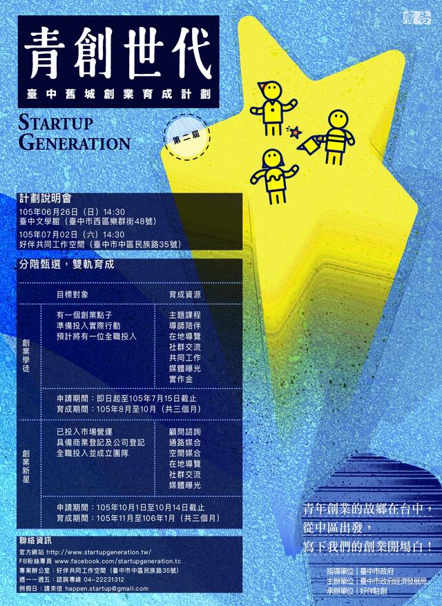 「青创世代-台中旧城创业育成计画」徵选开跑 市府先办计画说明会-海报