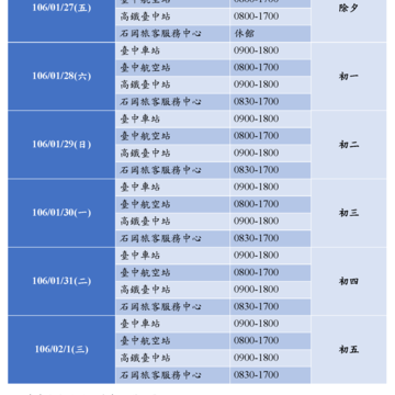 106年台中市各旅游服务中心春节服务时间