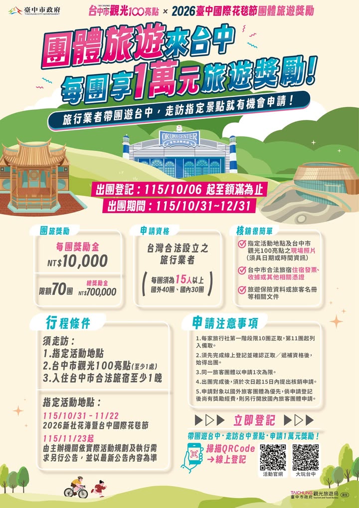 【旅行社看過來!帶團遊台中,每團獎勵 1 萬元🚌✨】